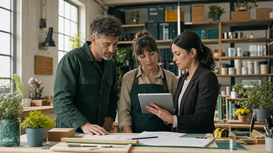 Une courtière échange avec deux professionnels dans leur atelier